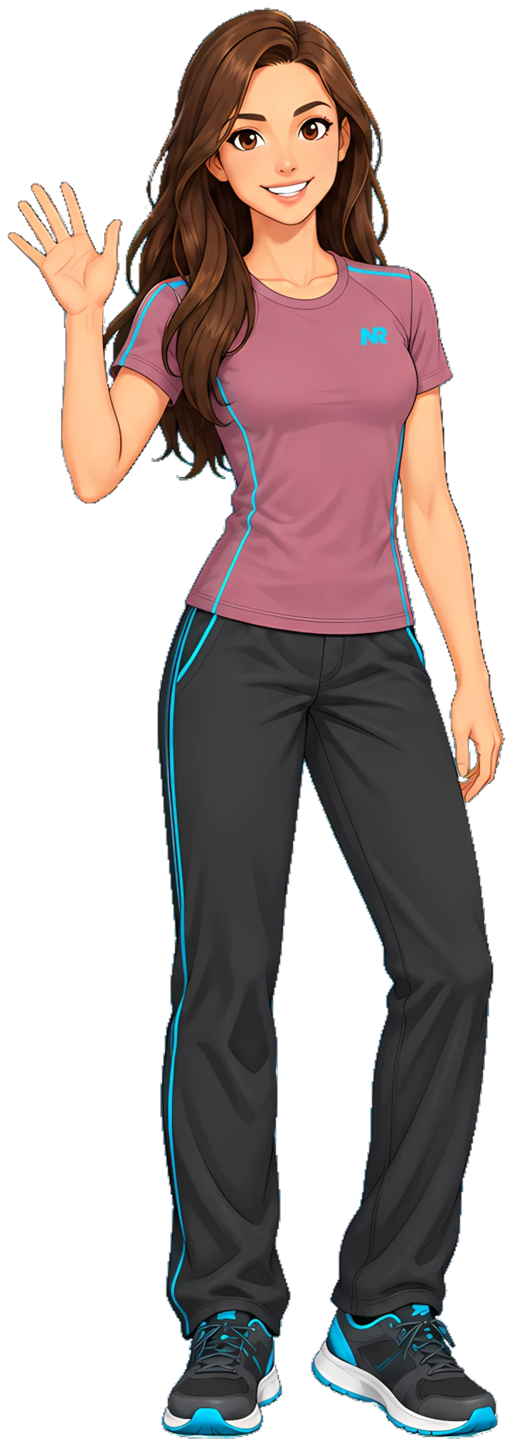 Zoe, the NoReps trainer, waving in a mauve shirt with the cyan NR logo.